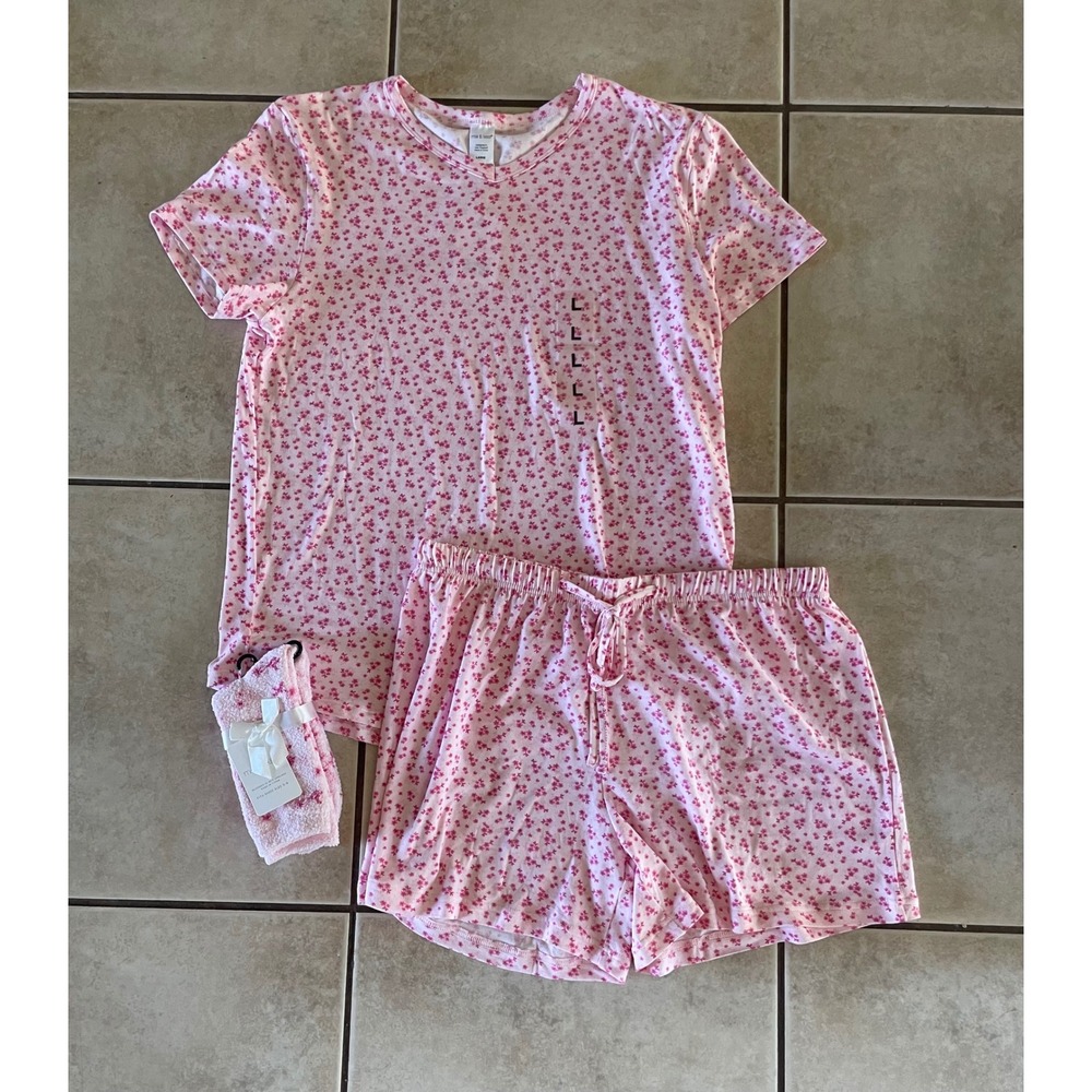 Mina & Moon Womens 3pc Pajama Set Pink Floral Shirt Shorts Fuzzy Socks Large